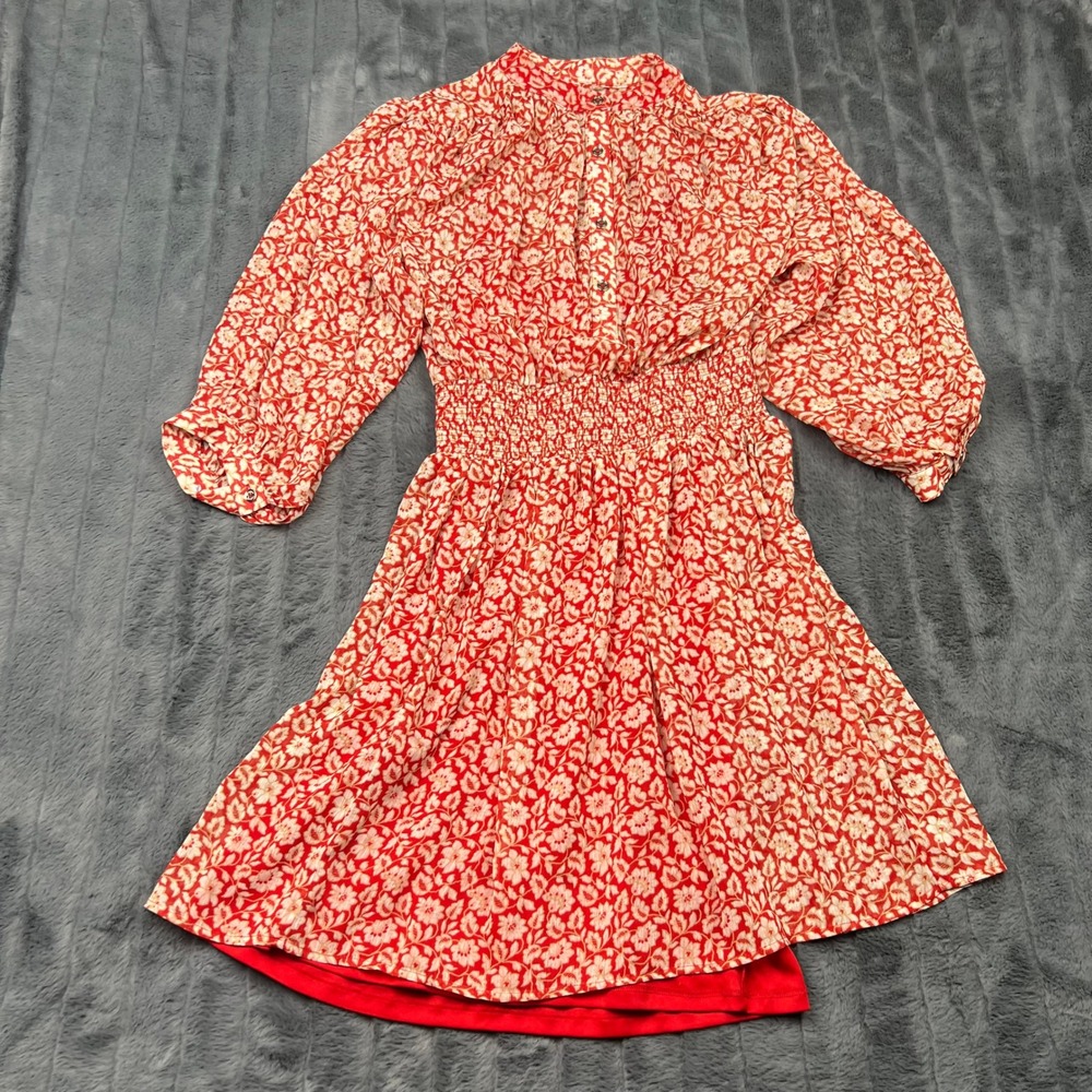 Tommy Hilfiger Red Floral Smocked Waist Mock Neck Mini Dress Size 2